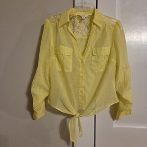 Candie's Yellow Button Down Shirt Tie Front Notched Collar Medium